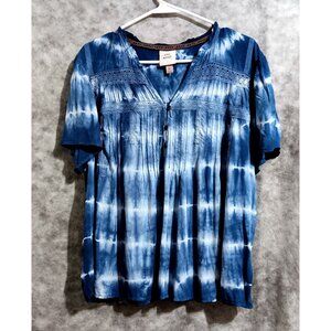 Knox Rose top Wmn's Sz XL tie-dye cobalt blue lace tucks gathers peasant boho